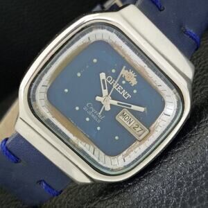 Vintage 1974 Square Orient Automatic Mens Silver Watch W/daydate & Blue accents